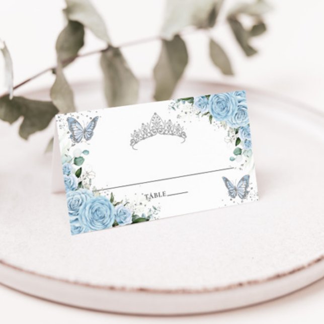 Sky Blue Floral Butterflies Quinceañera XV 16 Place Card (Creator Uploaded)