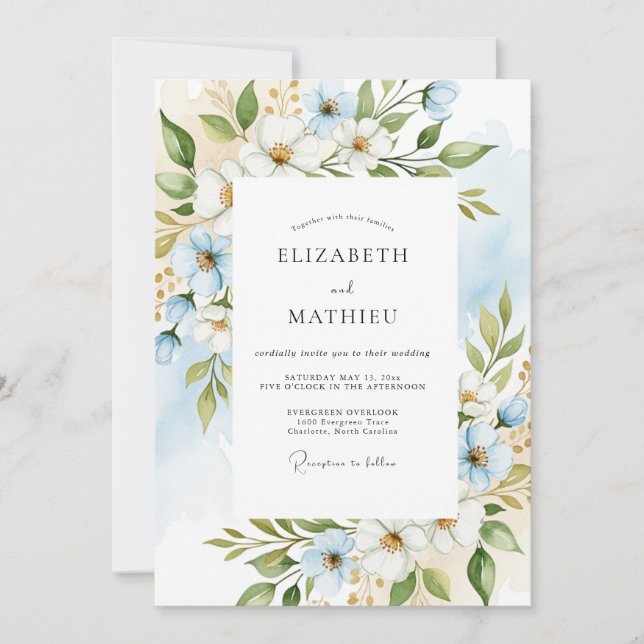 Sky Blue Floral Enchantment Wedding Invitation (Front)