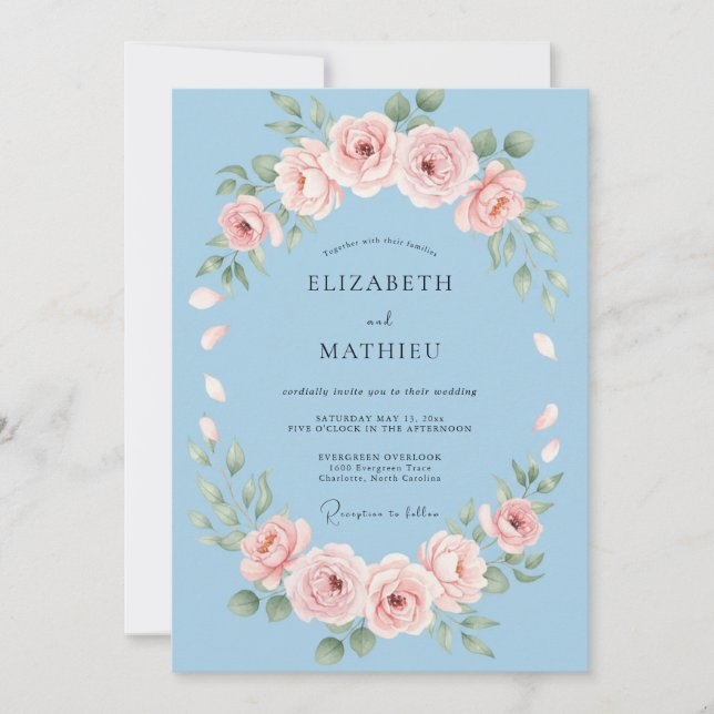 Sky Blue Floral Garland Wedding Invitation (Front)