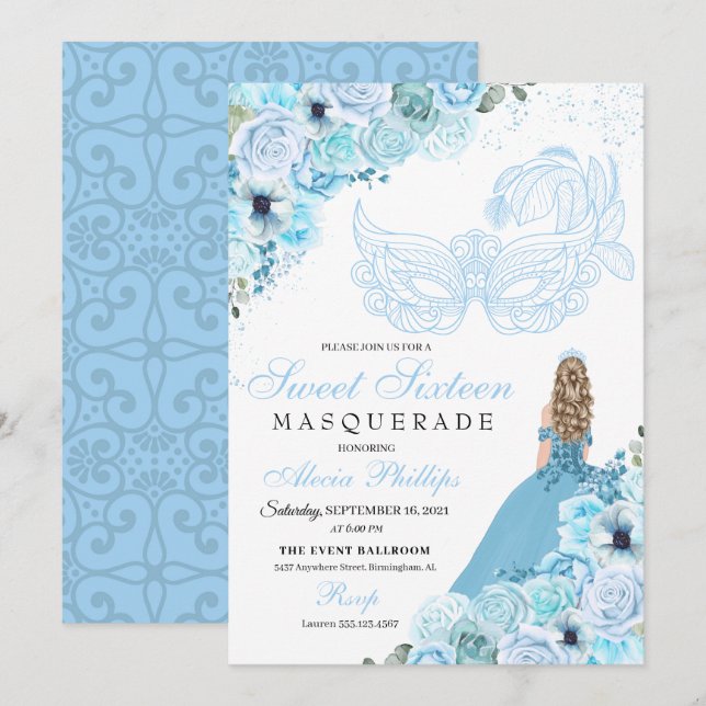 Sky Blue Floral Masquerade Sweet 16 Invitation (Front/Back)