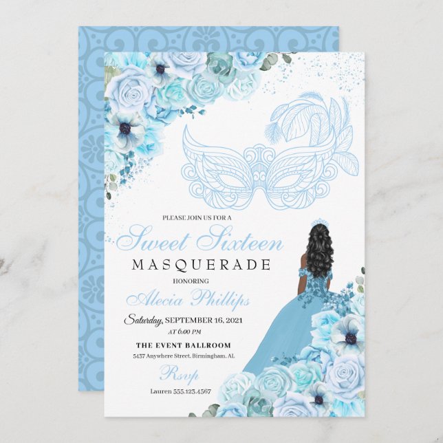 Sky Blue Floral Masquerade Sweet 16 Invitation (Front/Back)