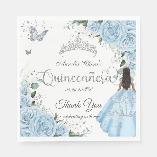 Sky Blue Floral Princess Dress Silver Quinceañera Napkin (Front)