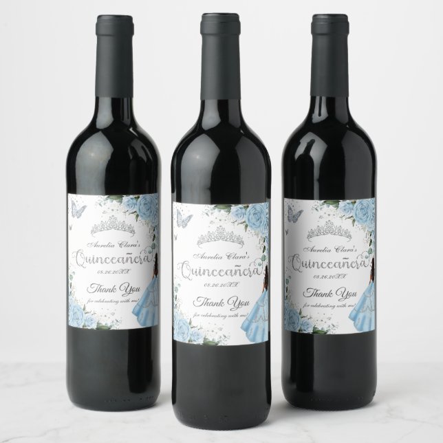 Sky Blue Floral Princess Dress Silver Quinceañera Wine Label (Bottles)