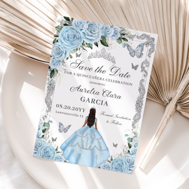 Sky Blue Floral Princess Gown Sweet 16 QUINCEAÑERA Save The Date (Creator Uploaded)