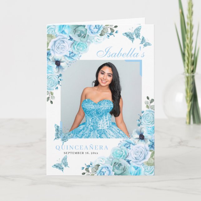 Sky Blue Floral Quinceanera Tiara Butterflies Programme (Front)