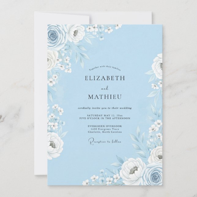 Sky Blue Floral Romance Wedding Invitation (Front)