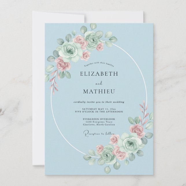 Sky Blue Floral Romantic Wedding Invitation (Front)