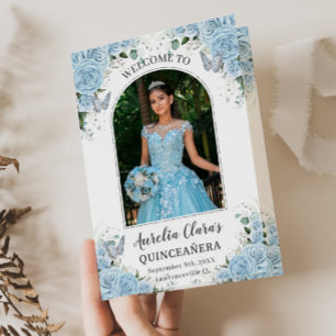 Sky Blue Floral Silver Quinceañera Order of Events Programme