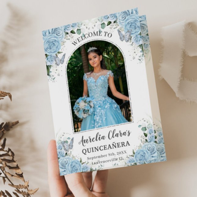 Sky Blue Floral Silver Quinceañera Order of Events Programme (Creator Uploaded)