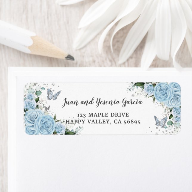 Sky Blue Floral Silver Quinceañera Return Address (Insitu)