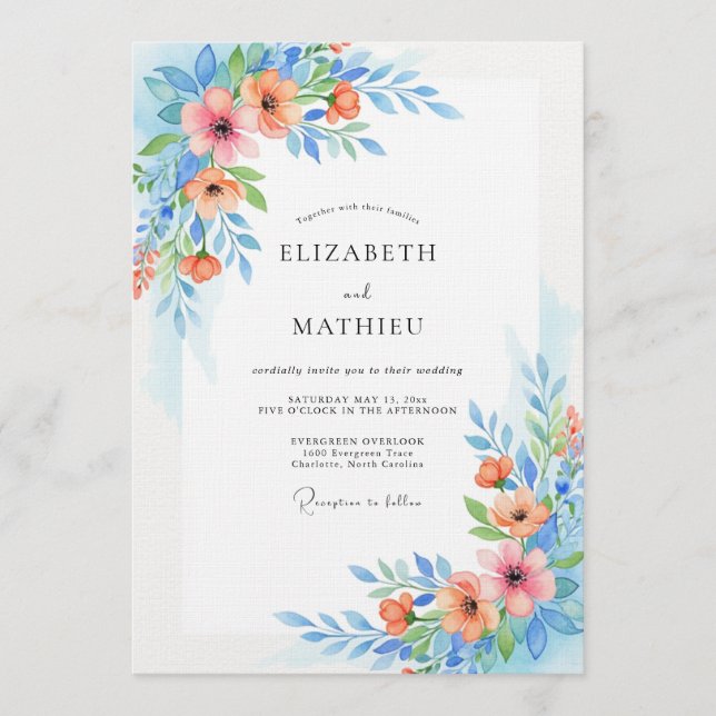 Sky Blue Floral Whimsy Wedding Invitation (Front)