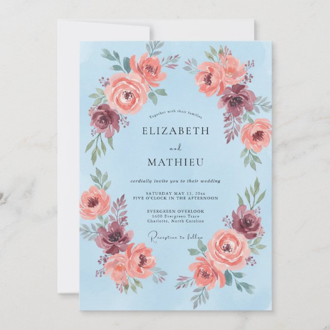 Sky Blue Floral Wreath Wedding Invitation (Front)