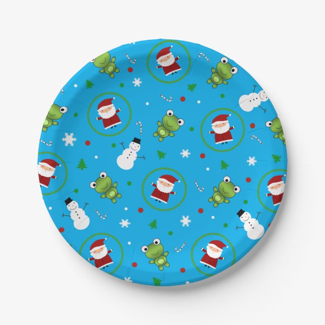 Sky blue frogs santa claus snowman pattern paper plate (Front)