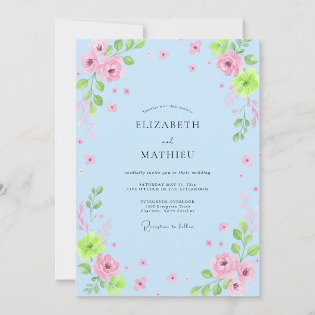 Sky Blue Gentle Floral Wedding Invitation (Front)