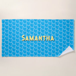 Sky Blue Geometric Scales Yellow Name Beach Towel
