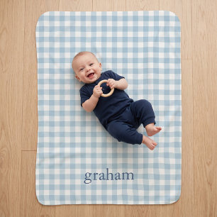 Sky Blue Gingham Monogrammed Sherpa Blanket