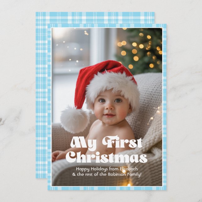 Sky Blue Gingham My First Christmas Baby Holiday Card (Front/Back)