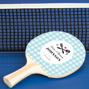 Sky Blue Gingham Plaid Grill Monogram Wedding Ping Pong Paddle