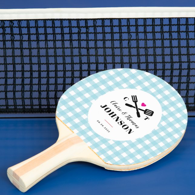 Sky Blue Gingham Plaid Grill Monogram Wedding Ping Pong Paddle (Insitu)