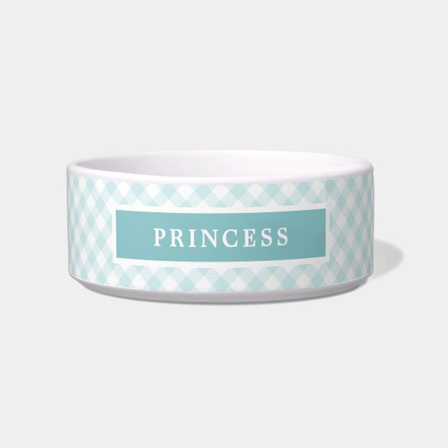 Sky Blue Gingham Plaid Personalised Dog Bowl (Front)