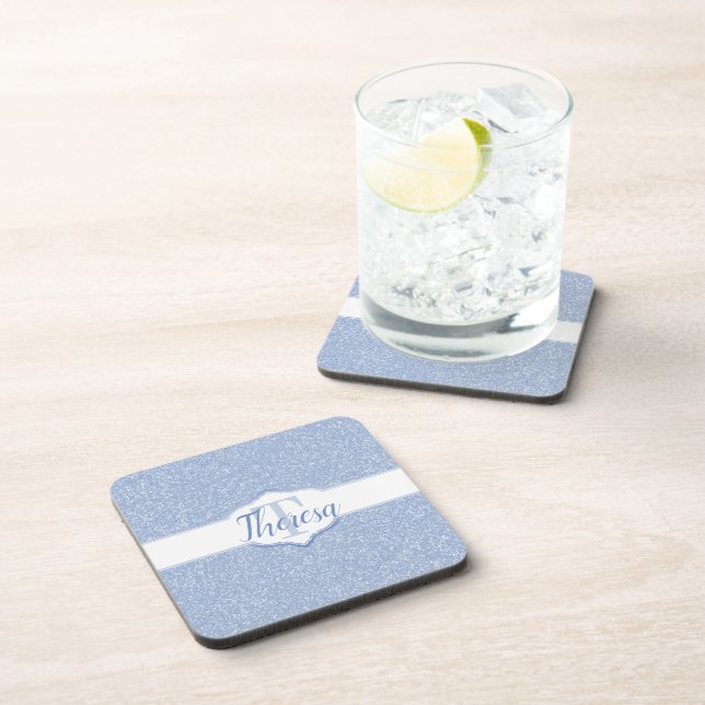 Sky Blue Glitter Monogram Plastic Coaster (Right Side)