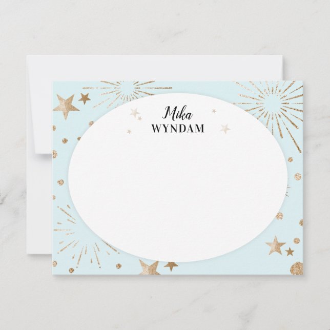 Sky Blue Glitter Stars and Fireworks Note Card (Front)