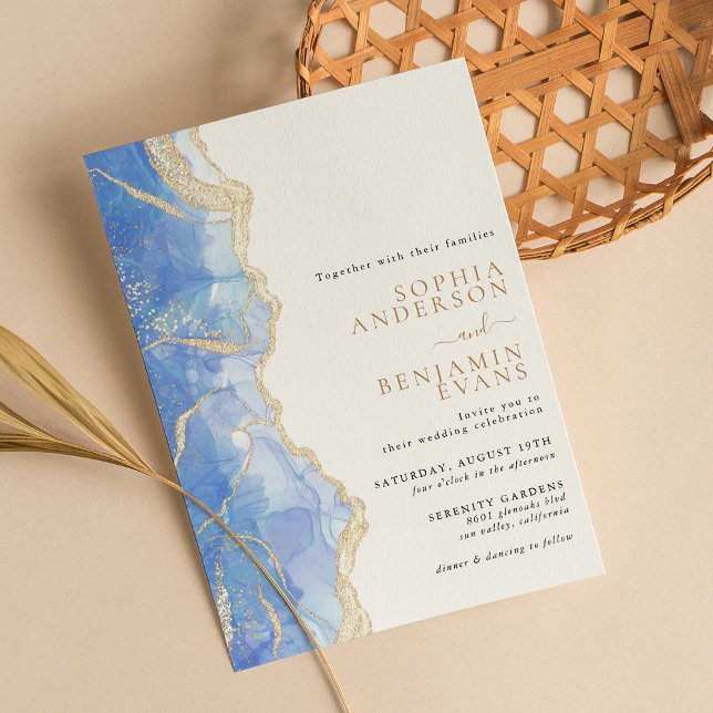 Sky Blue Gold Agate Modern Wedding Invitation (Creator Uploaded)
