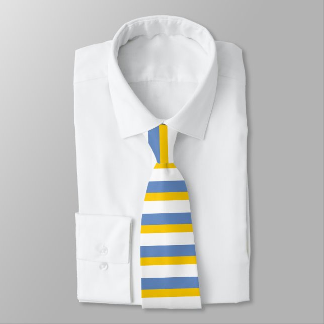 Sky Blue Gold and White Horizontally-Striped Tie (Tied)