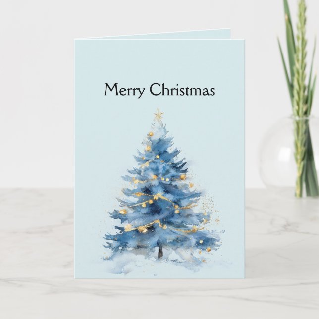 Sky Blue Gold Christmas Tree Card (Front)