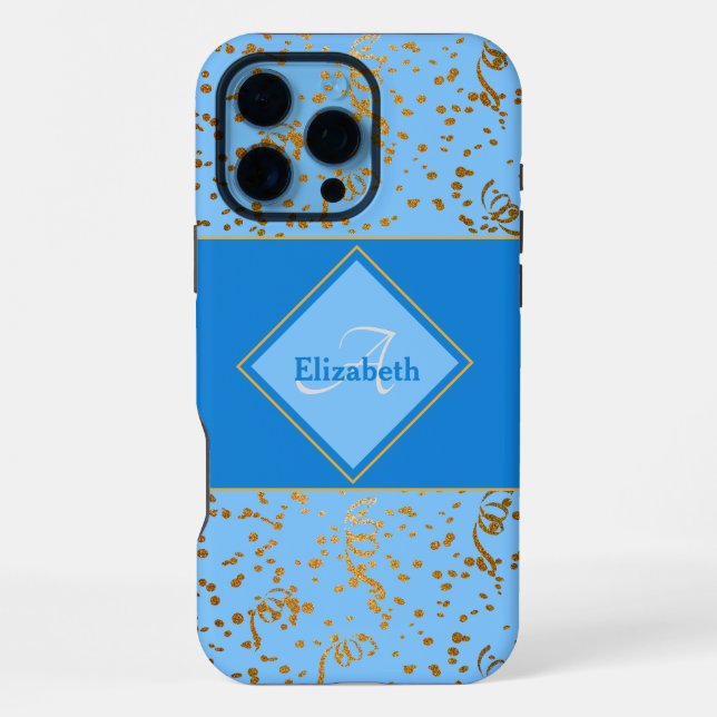 Sky Blue Gold Confetti Monogram Custom Name iPhone Case (Back)