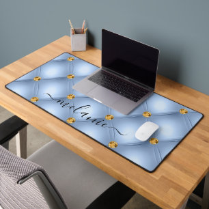 Sky Blue Gold Diamond Tufted Custom Name Desk Mat