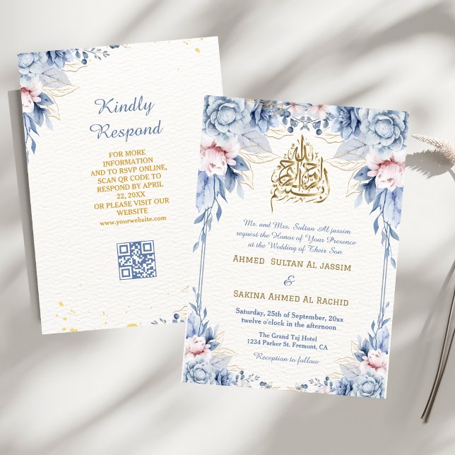 Sky Blue Gold Floral Leaves Muslim Wedding qr code Invitation (Creator Uploaded)