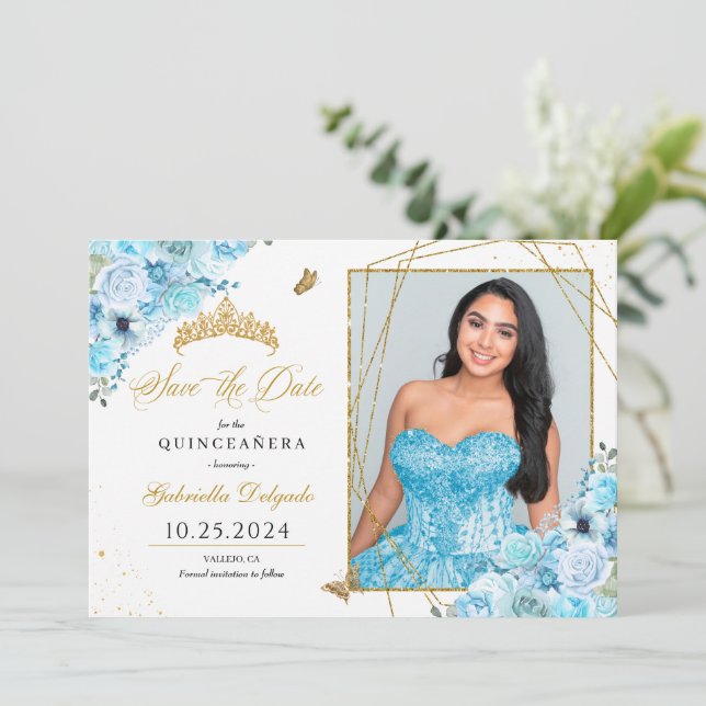 Sky Blue & Gold Quinceañera Save The Date Photo Invitation (Standing Front)