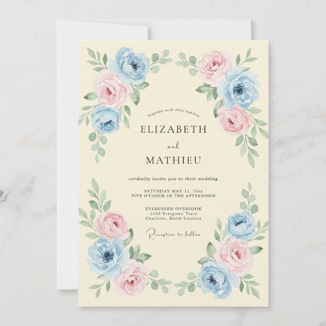 Sky Blue Graceful Floral Wedding Invitation (Front)