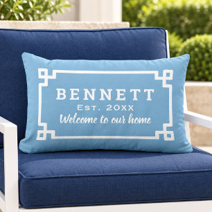 Sky Blue Greek Key Monogram Welcome Lumbar Cushion