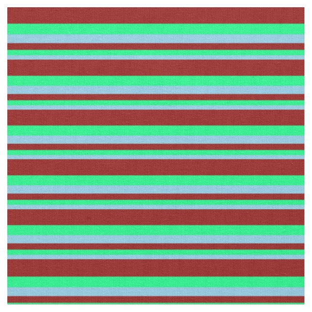 Sky Blue, Green, and Dark Red Coloured Stripes Fabric (Close Up)