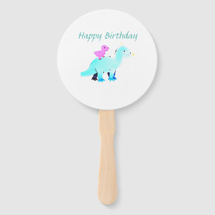 Sky blue green red watercolor dinosaur birthday ad hand fan