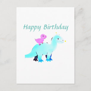 Sky blue green red watercolor dinosaur birthday ad postcard