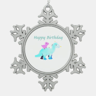 Sky blue green red watercolor dinosaur birthday ad snowflake pewter christmas ornament