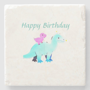 Sky blue green red watercolor dinosaur birthday ad stone coaster