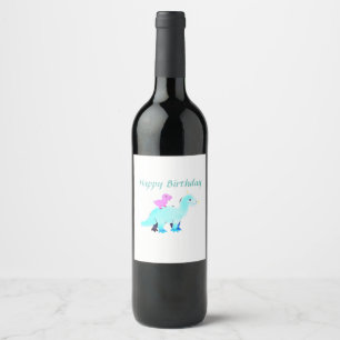 Sky blue green red watercolor dinosaur birthday ad wine label