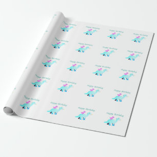 Sky blue green red watercolor dinosaur birthday ad wrapping paper