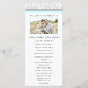 Sky Blue Grey Damask Photo Wedding Program Programme