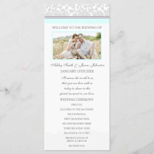 Sky Blue Grey Damask Photo Wedding Program Programme (Front)