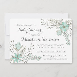 Sky Blue Grey Flowers Baby Shower Invitations