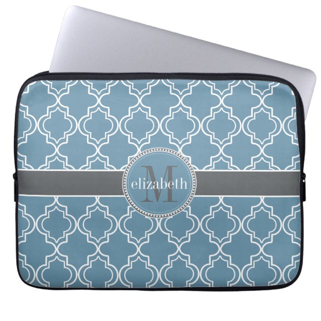 Sky Blue Grey White Moroccan Quatrefoil Monogram Laptop Sleeve (Front)