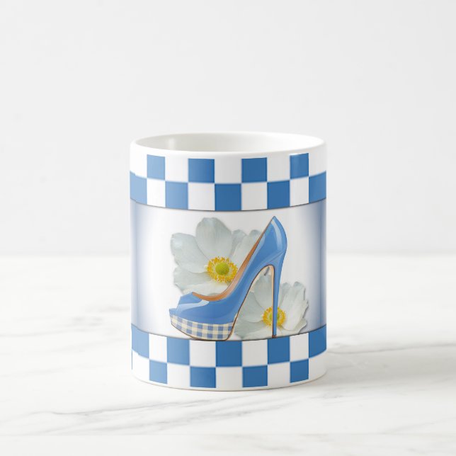 Sky Blue High Heel Chequered Pattern & Flowers Coffee Mug (Center)