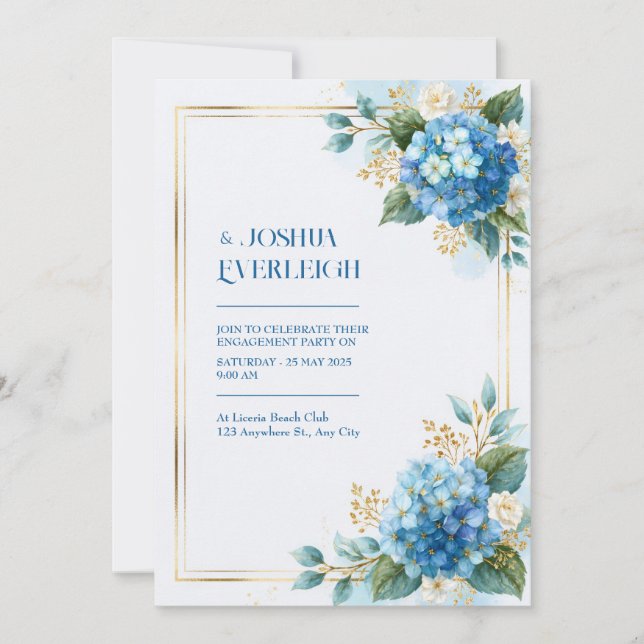 Sky Blue Hydrangea Gold Wedding Invitation (Front)