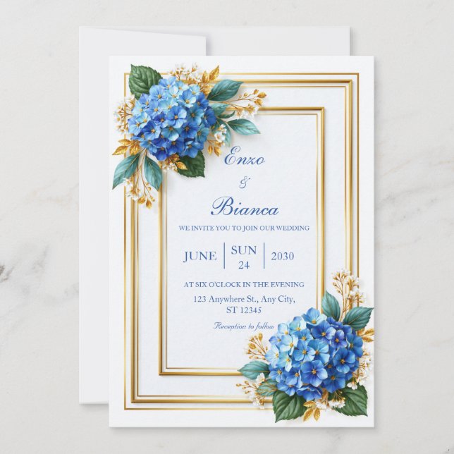 Sky Blue Hydrangea Layered Gold Frame Wedding Invitation (Front)