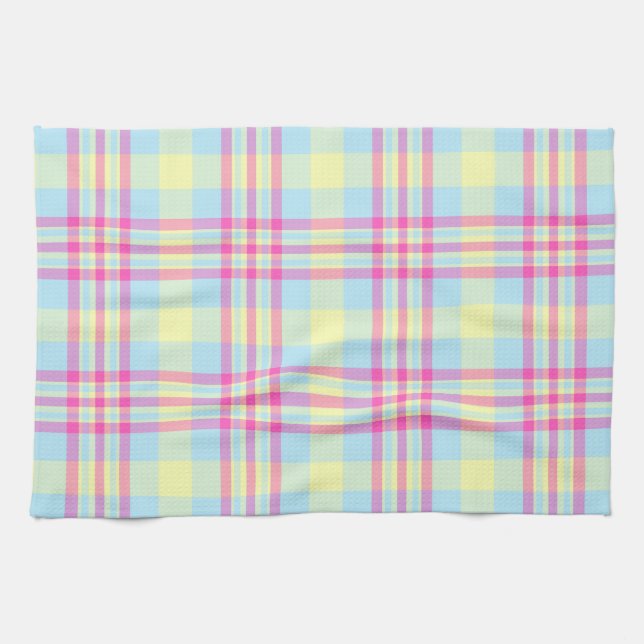 Sky Blue Kitchen Towel with Pink Checks & Soft Pea (Horizontal)
